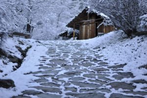Schnee im archeoParc FreilichtbereichNeve nellarea allaperto dellarcheoParc Val SenalesSnow at the open air area of archeoParc Val Senales