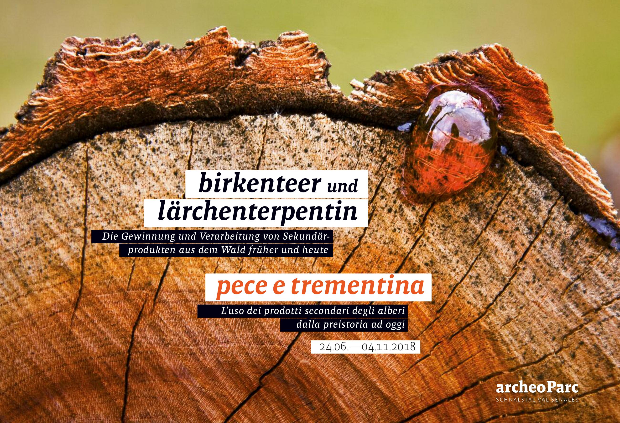 Einladung zur Sonderausstellung 2018 im archeoParc Schnalstal Birkenteer und Lärchenterpentin<br/>Invito per linaugurazione della mostra temporanea 2018 Pece e trementina allarcheoParc Val Senales