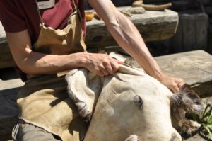 Handwerksvorführung zum steinzeitlichen Gerben im Freigelände des archeoParc SchnalstalDimostrazione artigianale della concia preistorica nellarea allaperto dellarcheoParc Val Senales Demonstration on prehistoric lather tanning at the open air area of archeoParc Val Senales  archeoParc SchnalstalJune 2019