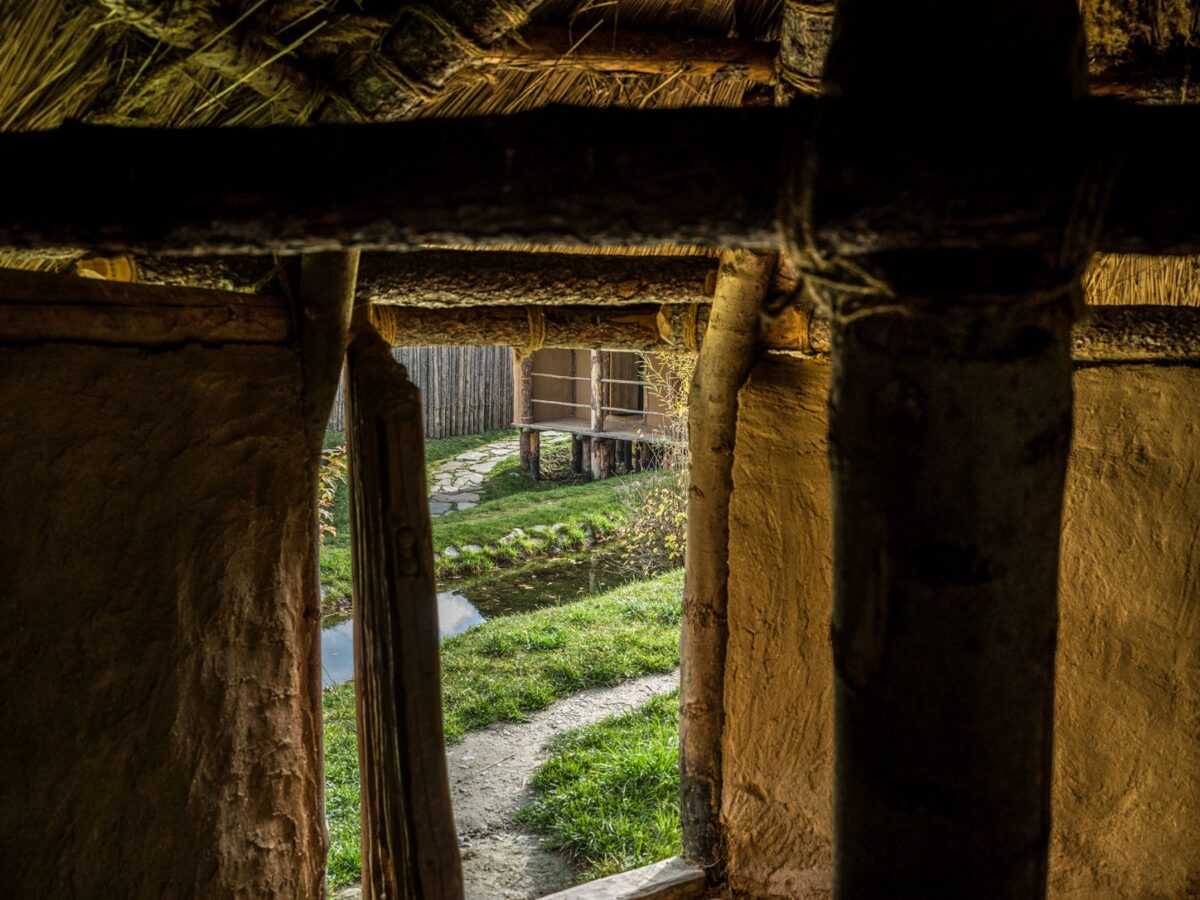 Blick aus dem Inneren eines Steinzeithauses<br/> Sguardo dall'interno di una capanna neolitica<br/>View from the inside of a neolithic hut<br/><br/>2.600 B.C.<br/>Brescia-San Polo, I