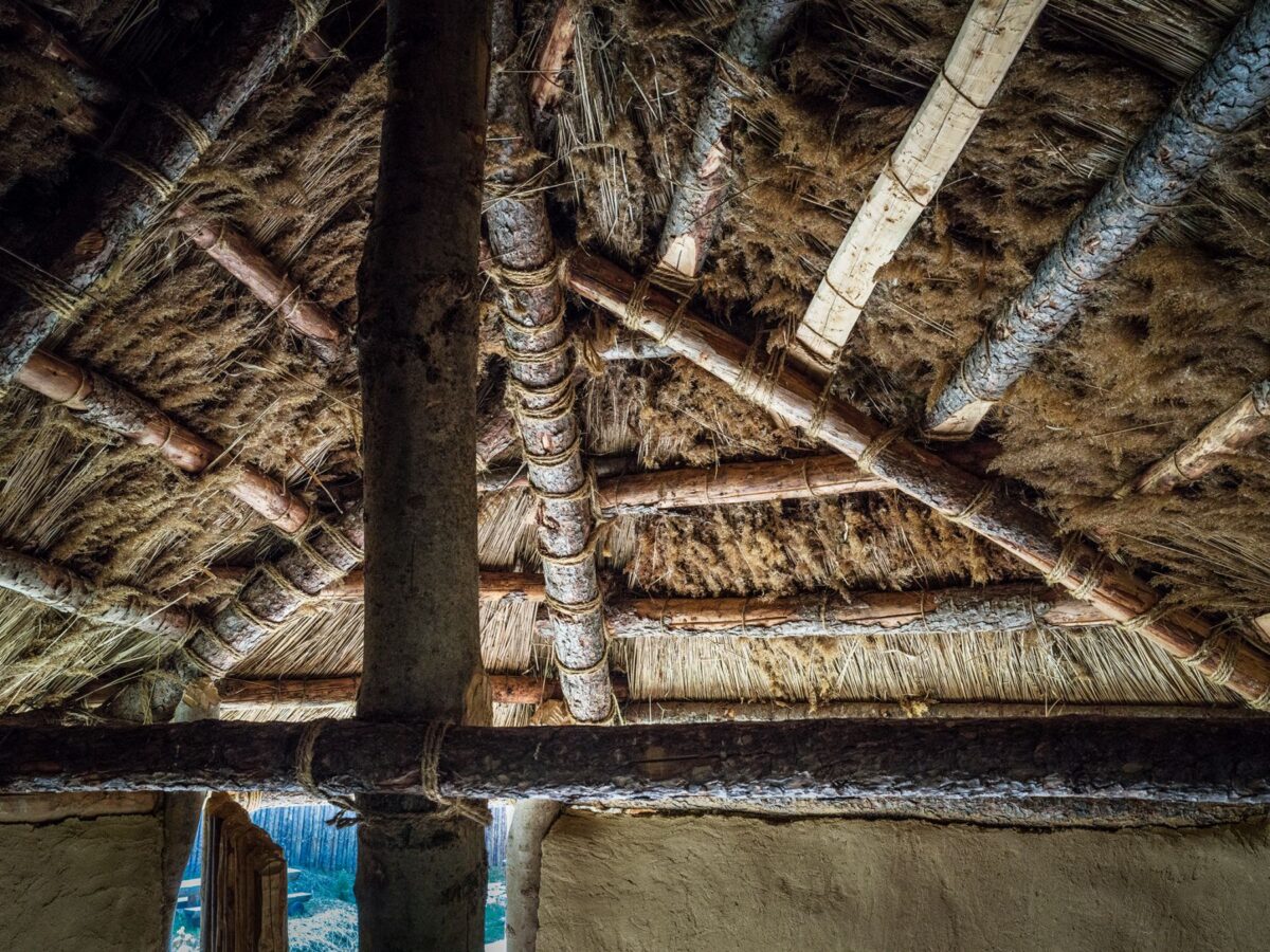 Detailansicht Innenseite der Rekonstruktion eines neolitischen Daches im Freilichtbereich des archeoParc <br/>Vista dettagliata dell'interno della ricostruzione di un tetto neolitico all’area aperta dell‘archeoParc<br/> Detailed view of the inside of the reconstruction of a Neolithic roof in the outdoors area at the archeoParc<br/><br/>2.600 B.C.<br/>Brescia-San Polo, I