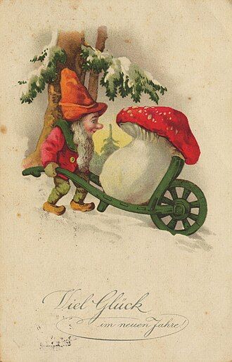 Postkarte mit Zwerg und Fliegenpilz<br/>Cartolina con nano e ovolaccio<br/>Post card with dwarf and fly agaric<br/><br/>